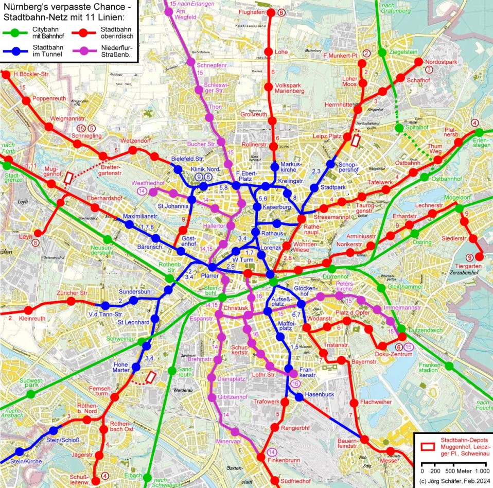 Stadtplan mit Schienennetz